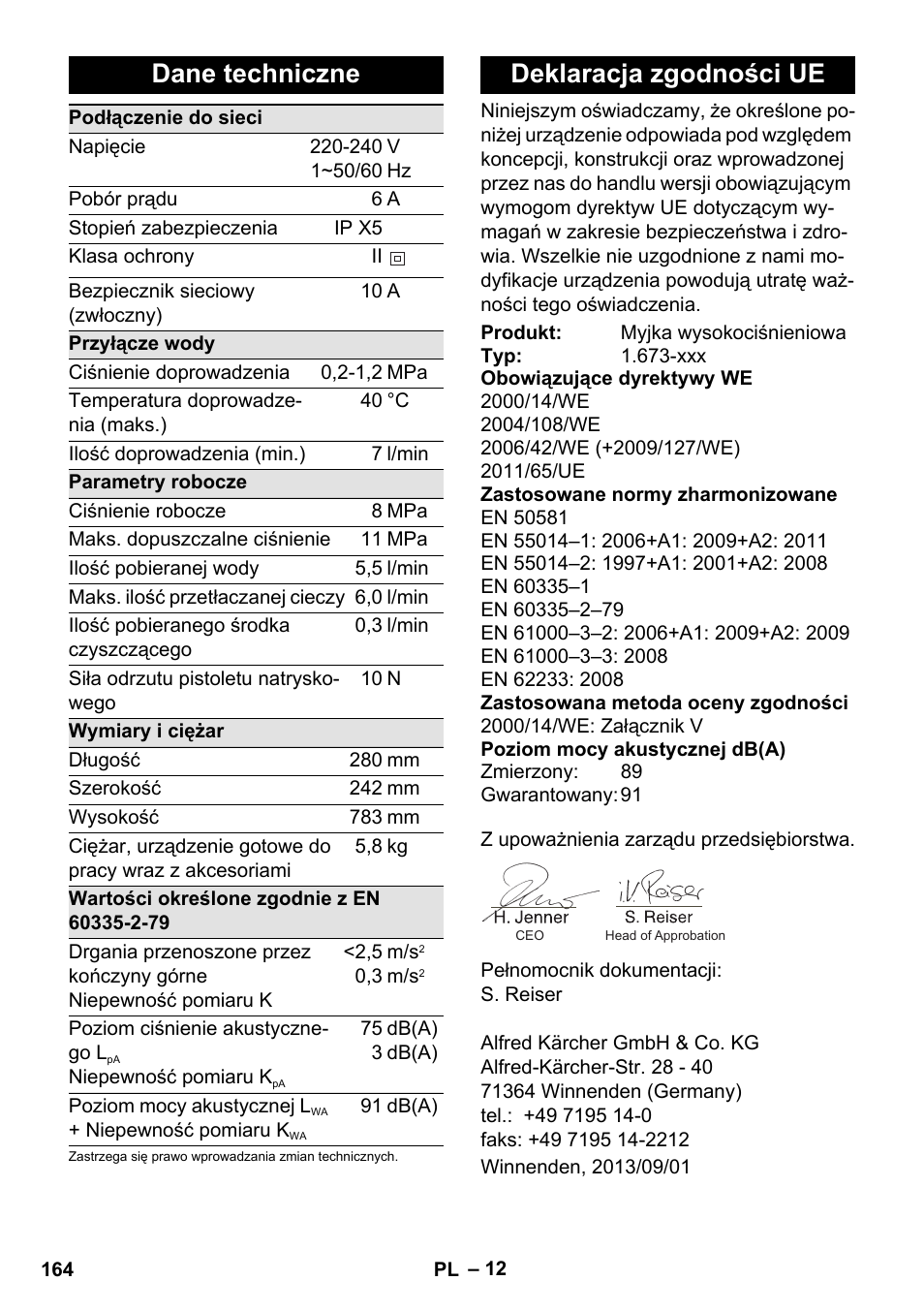 Dane techniczne, Deklaracja zgodności ue | Karcher K 2 Premium User Manual | Page 164 / 248