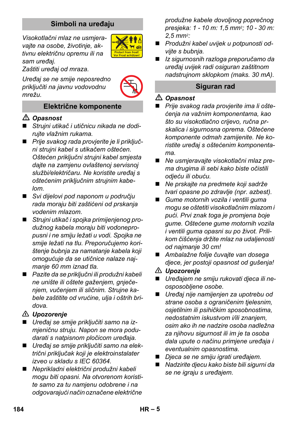 Simboli na uređaju, Električne komponente, Siguran rad | Karcher K 2 Premium User Manual | Page 184 / 248