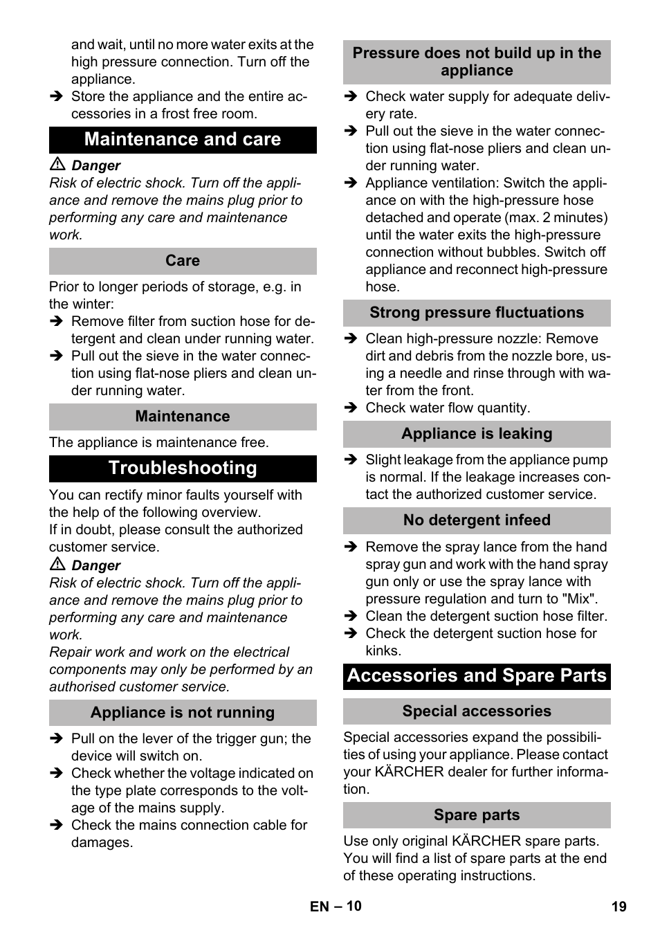 Maintenance and care, Care, Maintenance | Troubleshooting, Appliance is not running, Pressure does not build up in the appliance, Strong pressure fluctuations, Appliance is leaking, No detergent infeed, Accessories and spare parts | Karcher K 2 Premium User Manual | Page 19 / 248