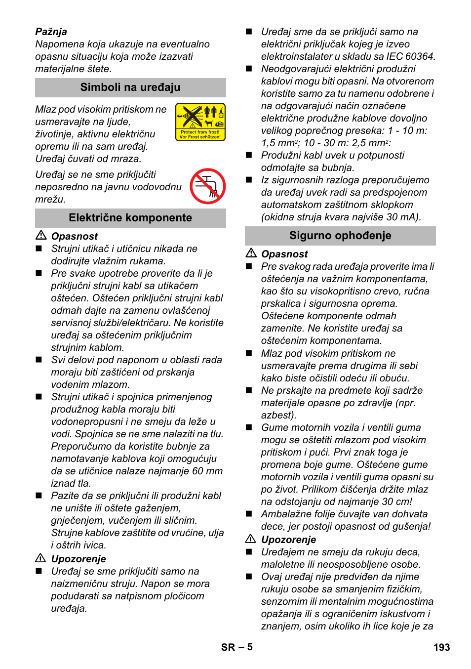 Simboli na uređaju, Električne komponente, Sigurno ophođenje | Karcher K 2 Premium User Manual | Page 193 / 248