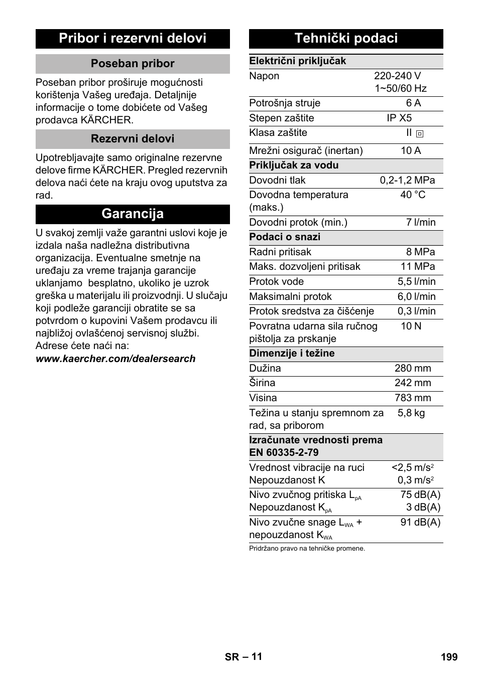 Pribor i rezervni delovi, Poseban pribor, Rezervni delovi | Garancija, Tehnički podaci, Garancija tehnički podaci | Karcher K 2 Premium User Manual | Page 199 / 248