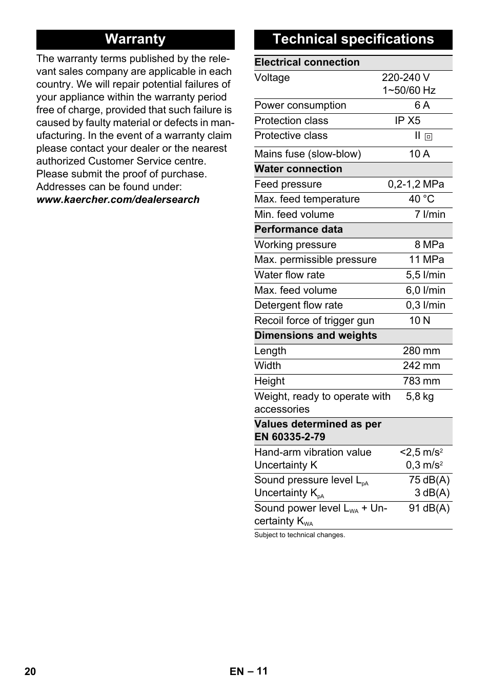 Warranty, Technical specifications, Warranty technical specifications | Karcher K 2 Premium User Manual | Page 20 / 248