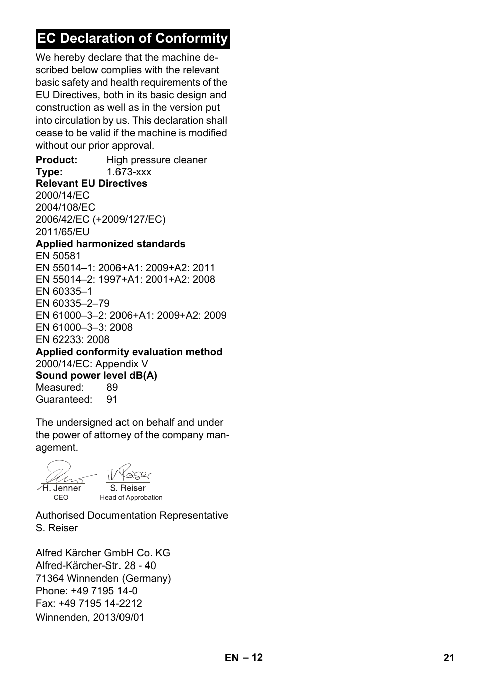 Ec declaration of conformity | Karcher K 2 Premium User Manual | Page 21 / 248