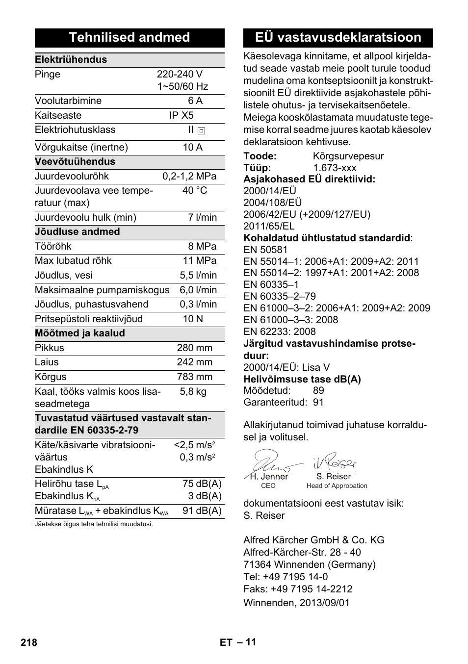 Tehnilised andmed, Eü vastavusdeklaratsioon | Karcher K 2 Premium User Manual | Page 218 / 248