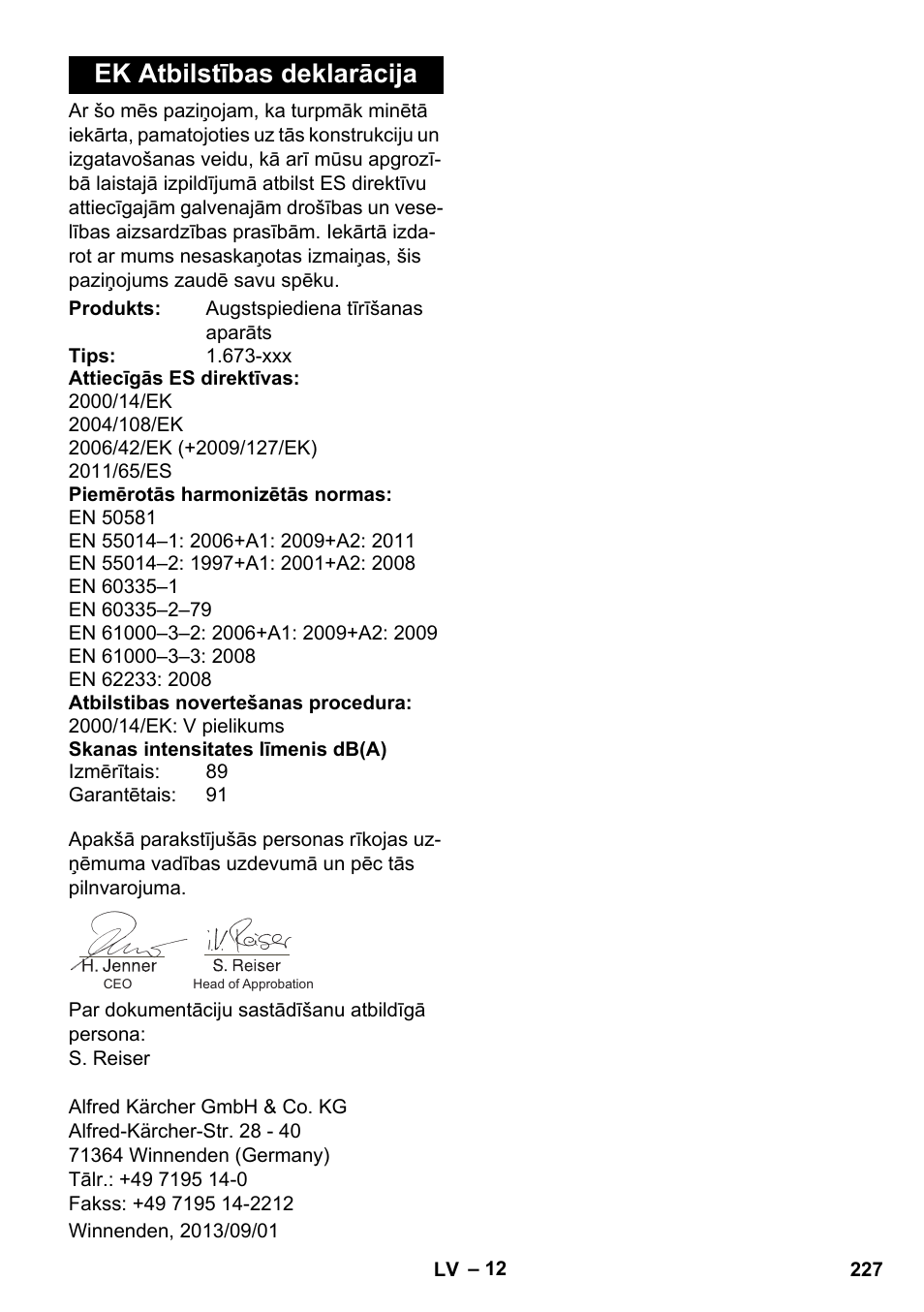 Ek atbilstības deklarācija | Karcher K 2 Premium User Manual | Page 227 / 248