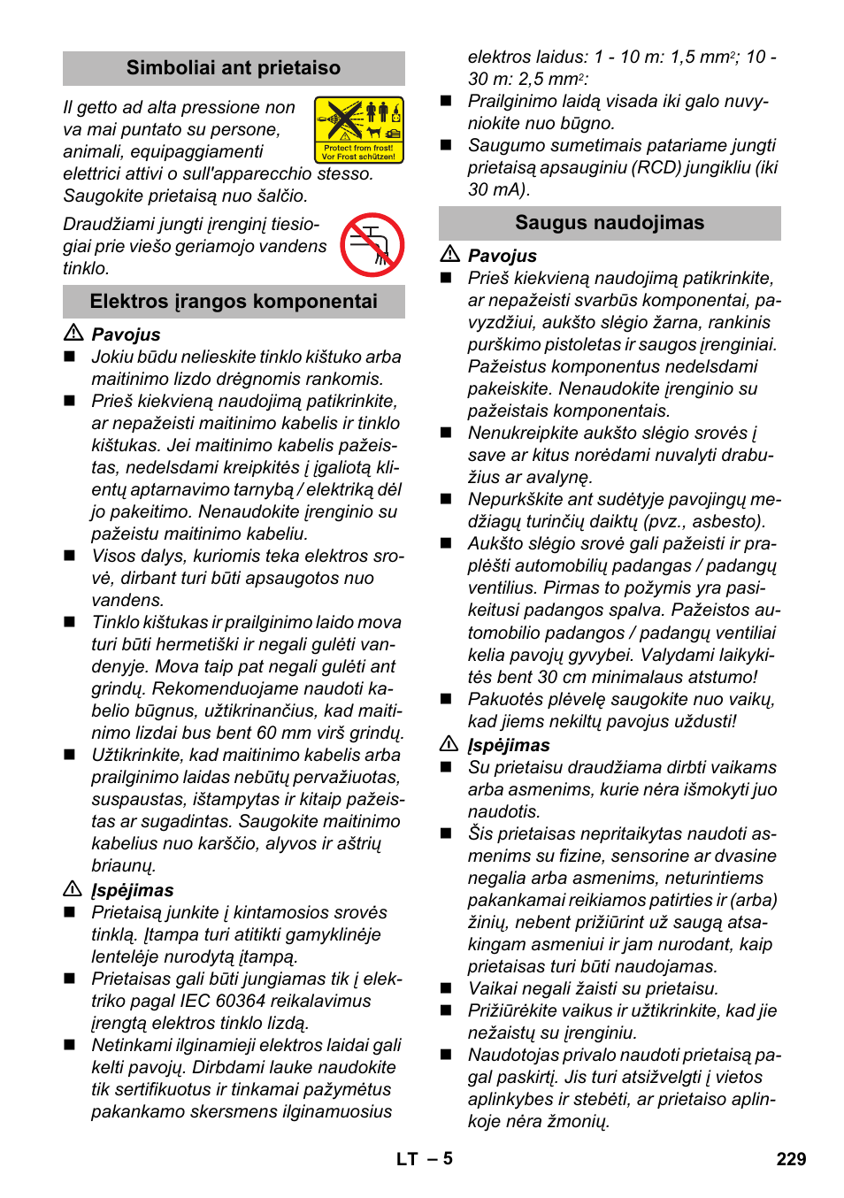 Simboliai ant prietaiso, Elektros įrangos komponentai, Saugus naudojimas | Karcher K 2 Premium User Manual | Page 229 / 248