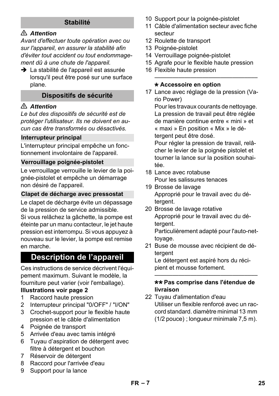 Stabilité, Dispositifs de sécurité, Interrupteur principal | Verrouillage poignée-pistolet, Clapet de décharge avec pressostat, Description de l’appareil | Karcher K 2 Premium User Manual | Page 25 / 248