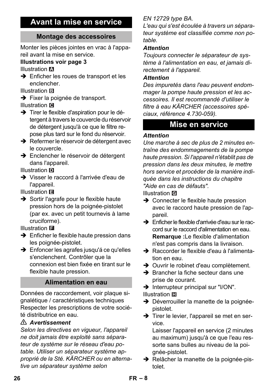 Avant la mise en service, Montage des accessoires, Alimentation en eau | Mise en service | Karcher K 2 Premium User Manual | Page 26 / 248