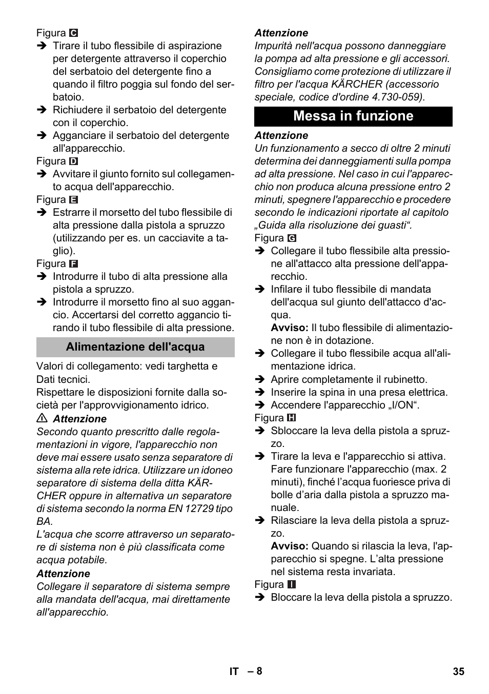 Alimentazione dell'acqua, Messa in funzione | Karcher K 2 Premium User Manual | Page 35 / 248