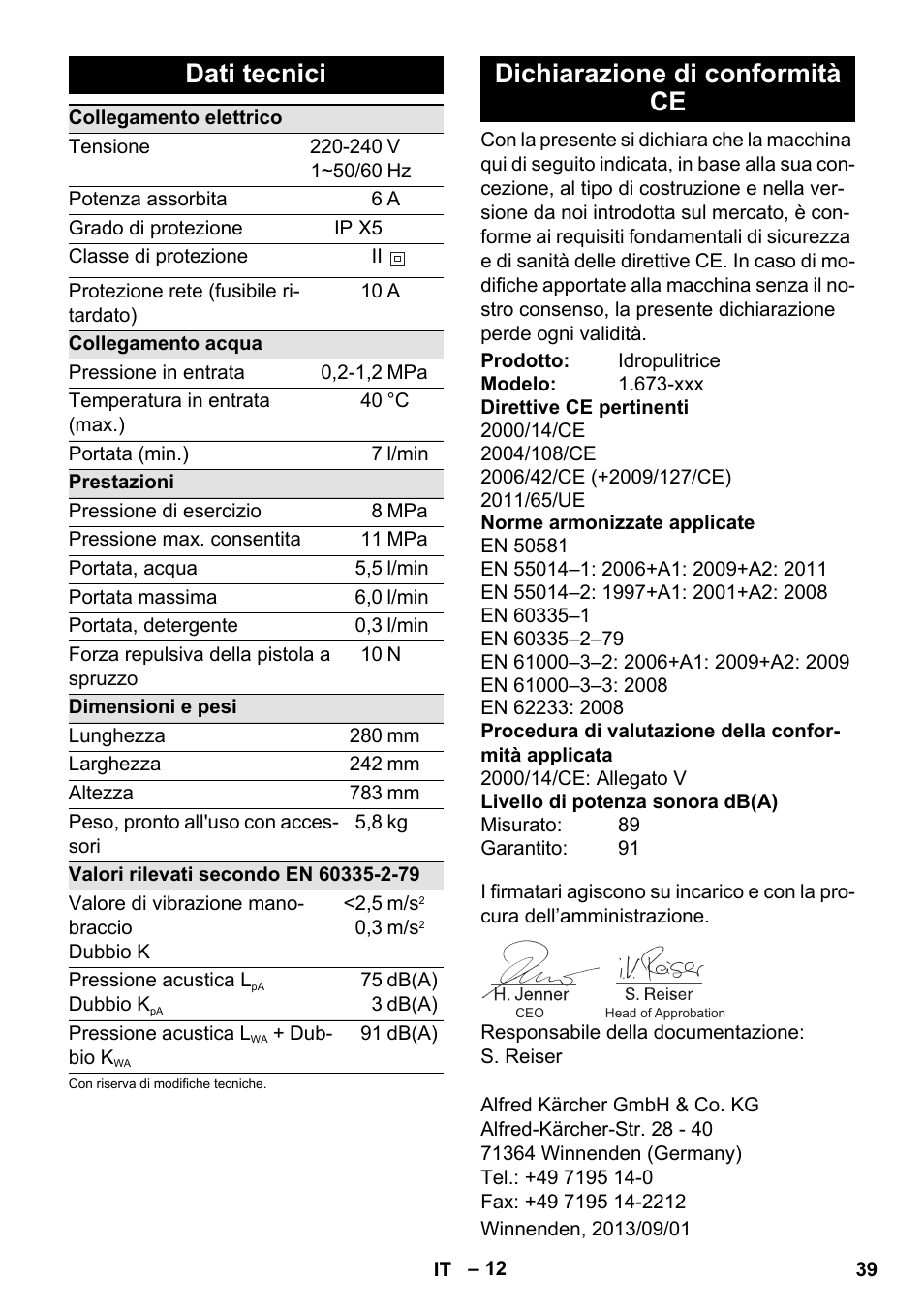 Dati tecnici, Dichiarazione di conformità ce | Karcher K 2 Premium User Manual | Page 39 / 248
