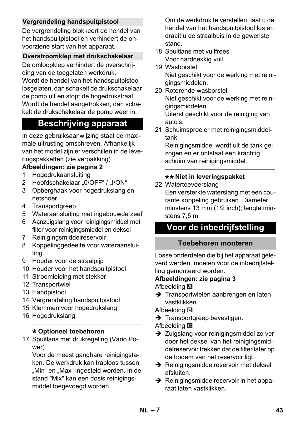 Vergrendeling handspuitpistool, Overstroomklep met drukschakelaar, Beschrijving apparaat | Voor de inbedrijfstelling, Toebehoren monteren, Beschrijving apparaat voor de inbedrijfstelling | Karcher K 2 Premium User Manual | Page 43 / 248