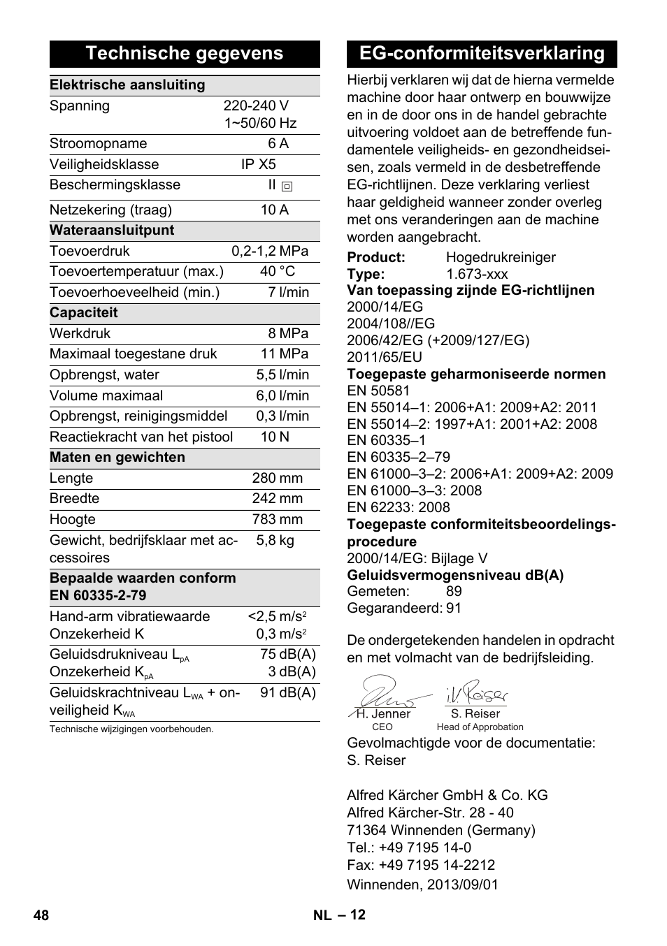 Technische gegevens, Eg-conformiteitsverklaring | Karcher K 2 Premium User Manual | Page 48 / 248