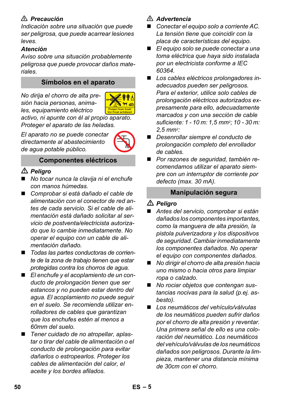 Símbolos en el aparato, Componentes eléctricos, Manipulación segura | Karcher K 2 Premium User Manual | Page 50 / 248