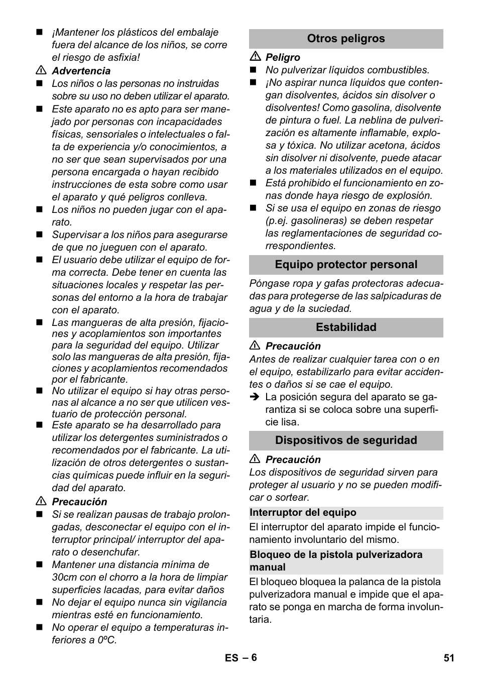 Otros peligros, Equipo protector personal, Estabilidad | Dispositivos de seguridad, Interruptor del equipo, Bloqueo de la pistola pulverizadora manual | Karcher K 2 Premium User Manual | Page 51 / 248