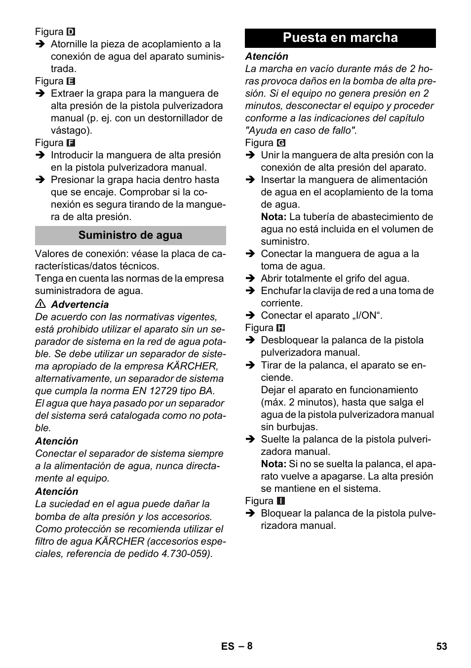 Suministro de agua, Puesta en marcha | Karcher K 2 Premium User Manual | Page 53 / 248