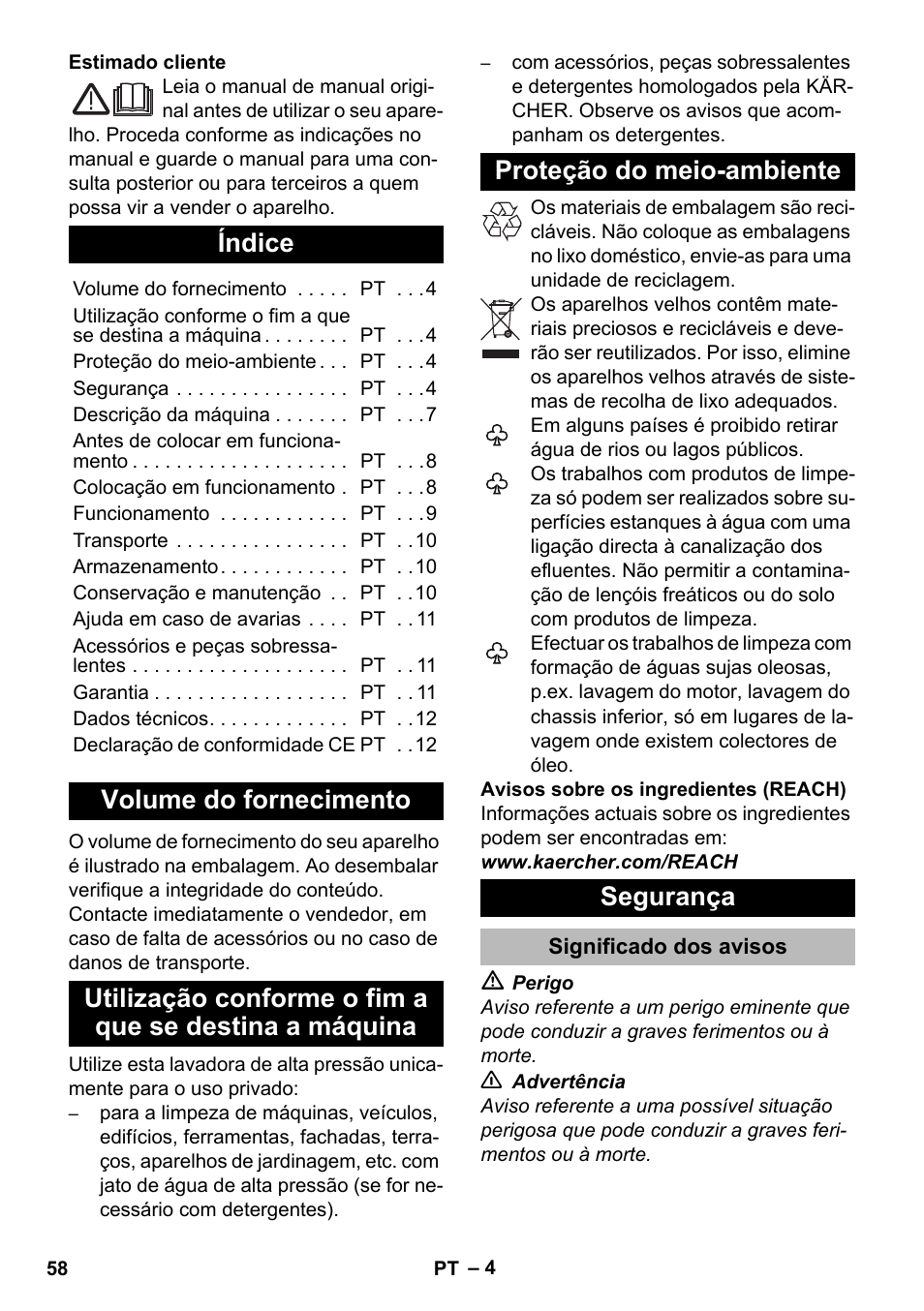 Português, Índice, Volume do fornecimento | Proteção do meio-ambiente, Segurança, Significado dos avisos | Karcher K 2 Premium User Manual | Page 58 / 248