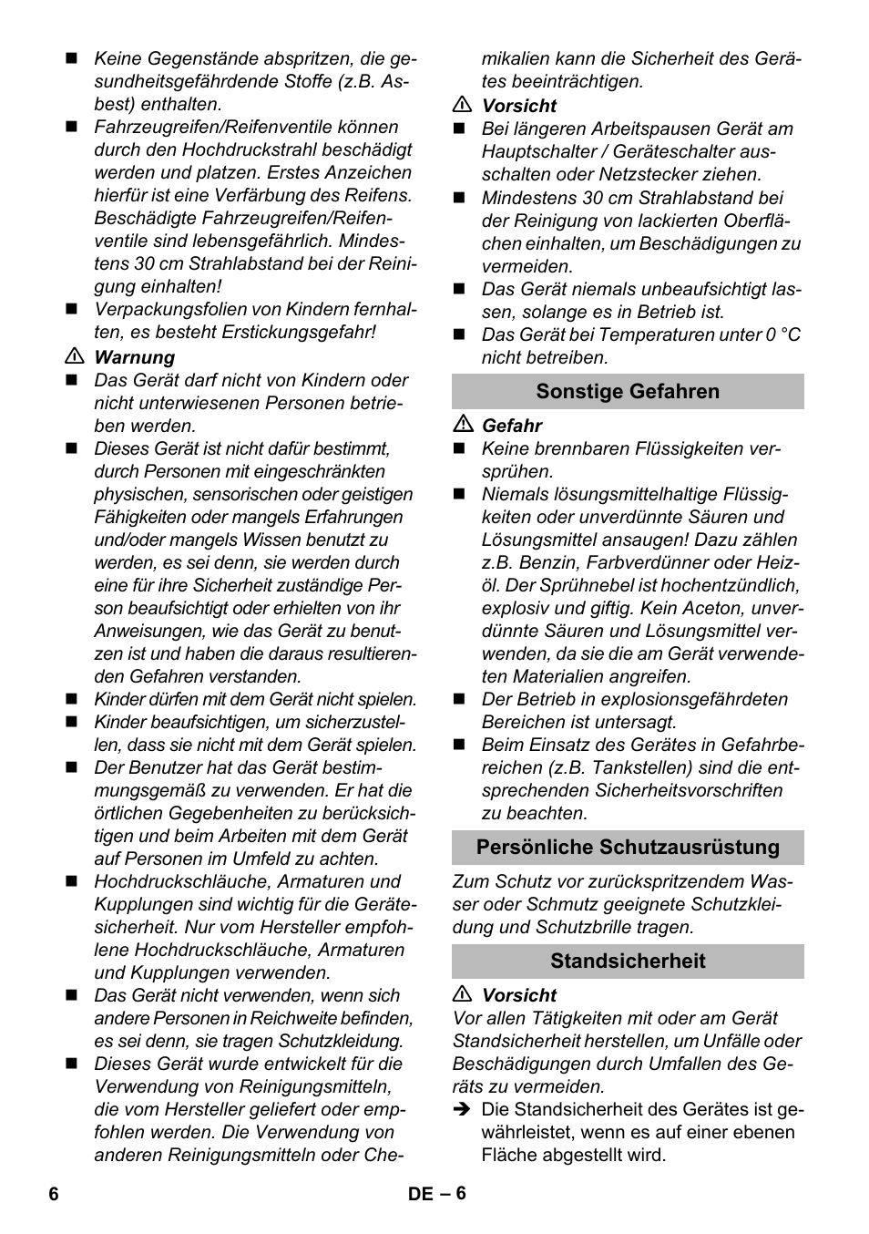 Sonstige gefahren, Persönliche schutzausrüstung, Standsicherheit | Karcher K 2 Premium User Manual | Page 6 / 248