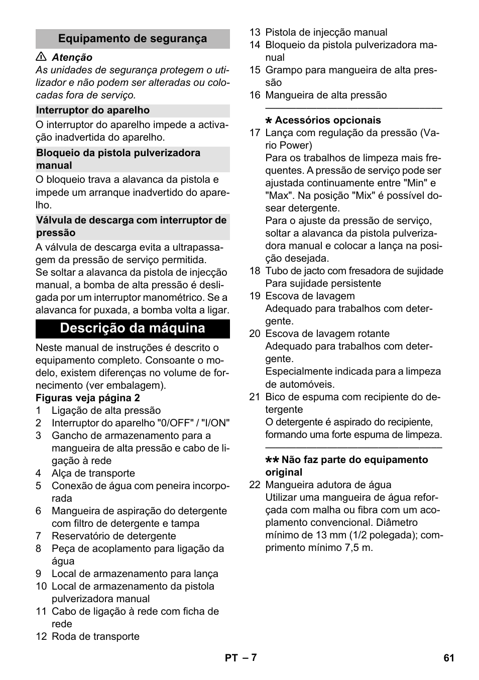 Equipamento de segurança, Interruptor do aparelho, Bloqueio da pistola pulverizadora manual | Válvula de descarga com interruptor de pressão, Descrição da máquina | Karcher K 2 Premium User Manual | Page 61 / 248