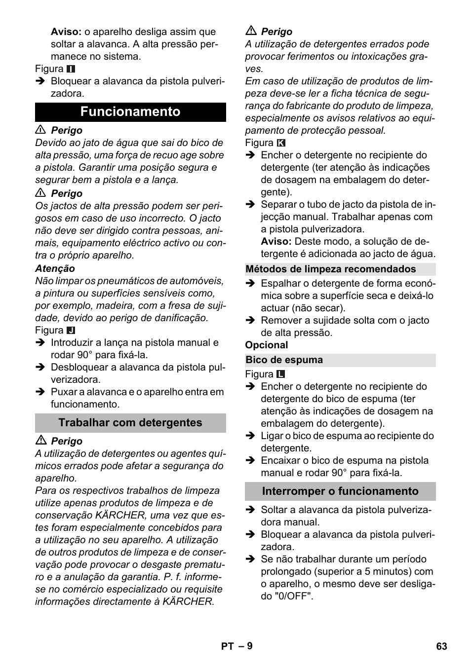 Funcionamento, Trabalhar com detergentes, Métodos de limpeza recomendados | Bico de espuma, Interromper o funcionamento | Karcher K 2 Premium User Manual | Page 63 / 248