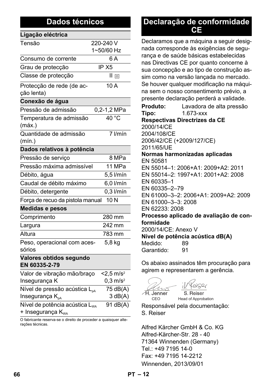 Dados técnicos, Declaração de conformidade ce | Karcher K 2 Premium User Manual | Page 66 / 248