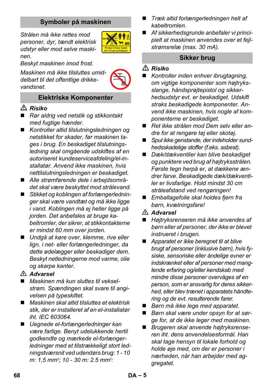 Symboler på maskinen, Elektriske komponenter, Sikker brug | Karcher K 2 Premium User Manual | Page 68 / 248