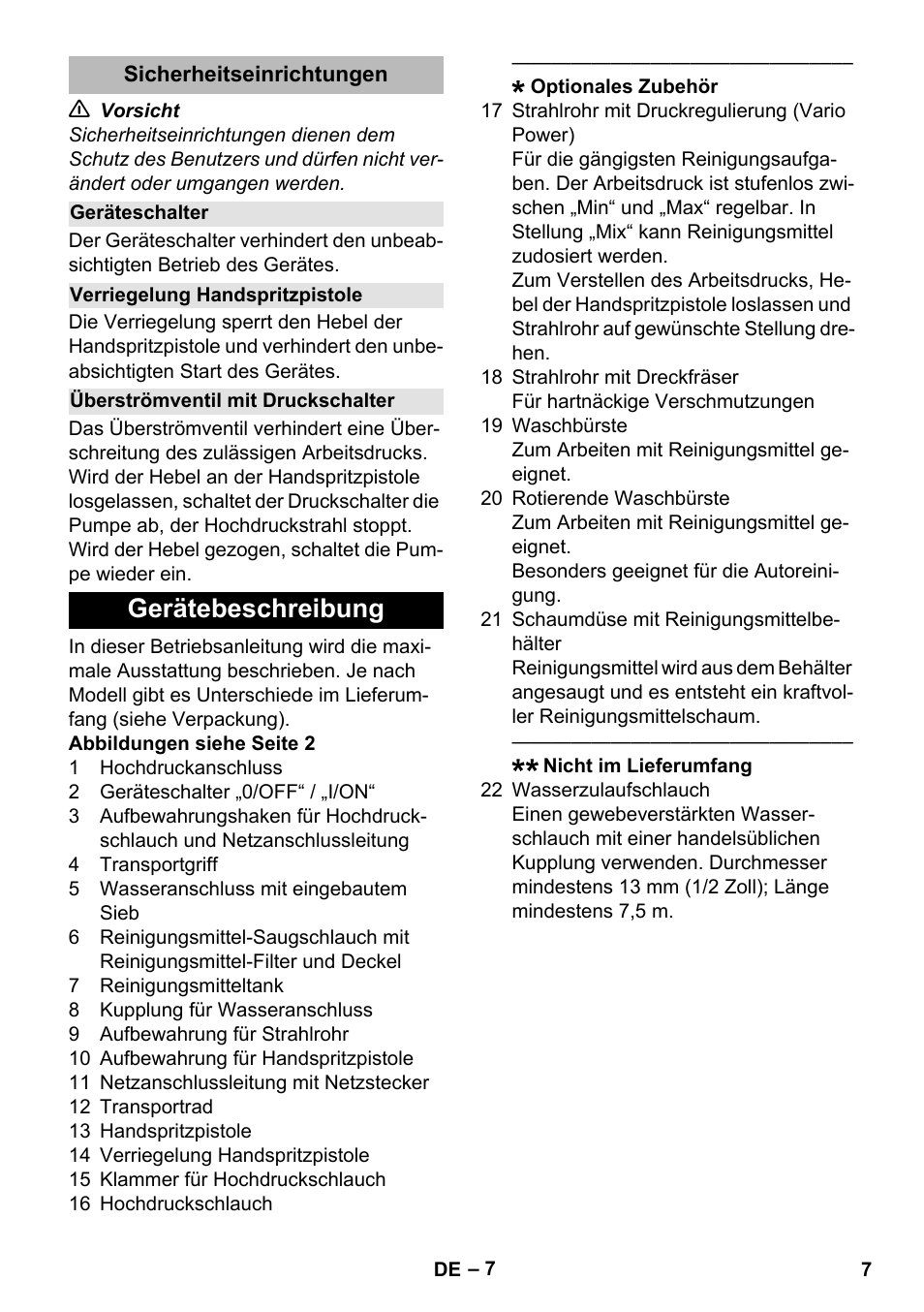 Sicherheitseinrichtungen, Geräteschalter, Verriegelung handspritzpistole | Überströmventil mit druckschalter, Gerätebeschreibung | Karcher K 2 Premium User Manual | Page 7 / 248