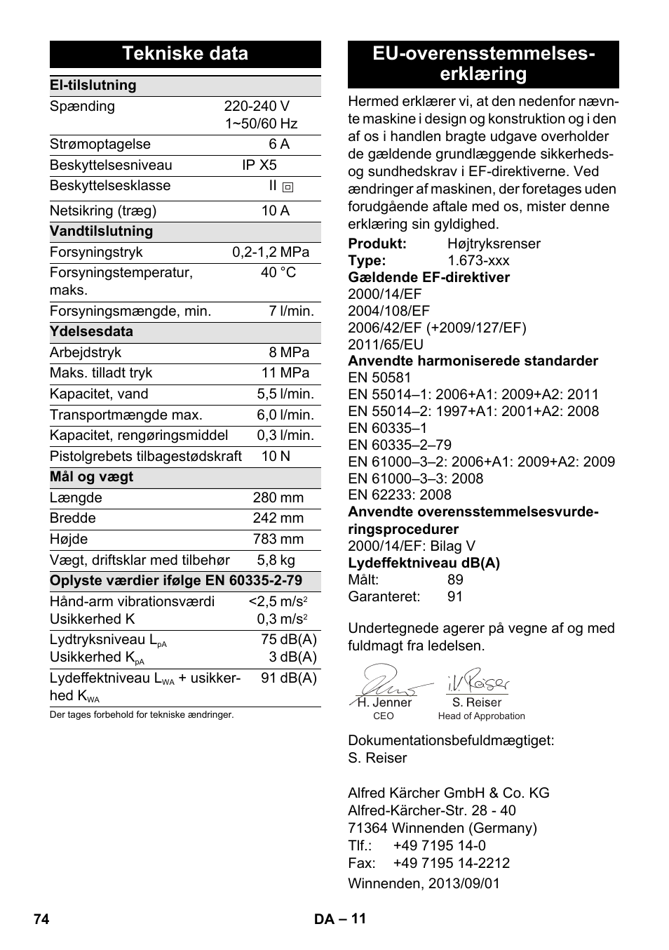 Tekniske data, Eu-overensstemmelses- erklæring | Karcher K 2 Premium User Manual | Page 74 / 248