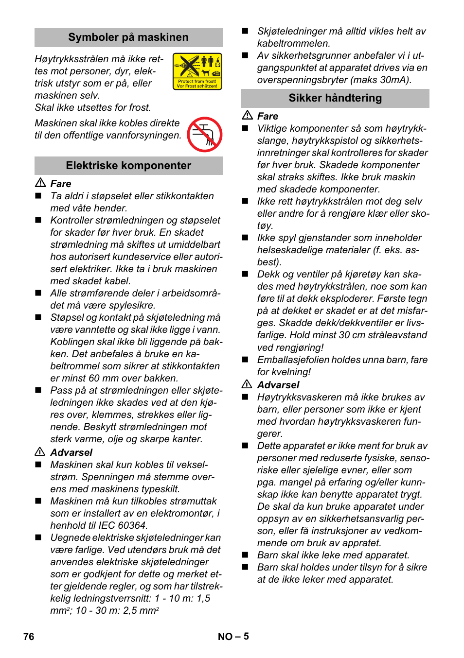 Symboler på maskinen, Elektriske komponenter, Sikker håndtering | Karcher K 2 Premium User Manual | Page 76 / 248