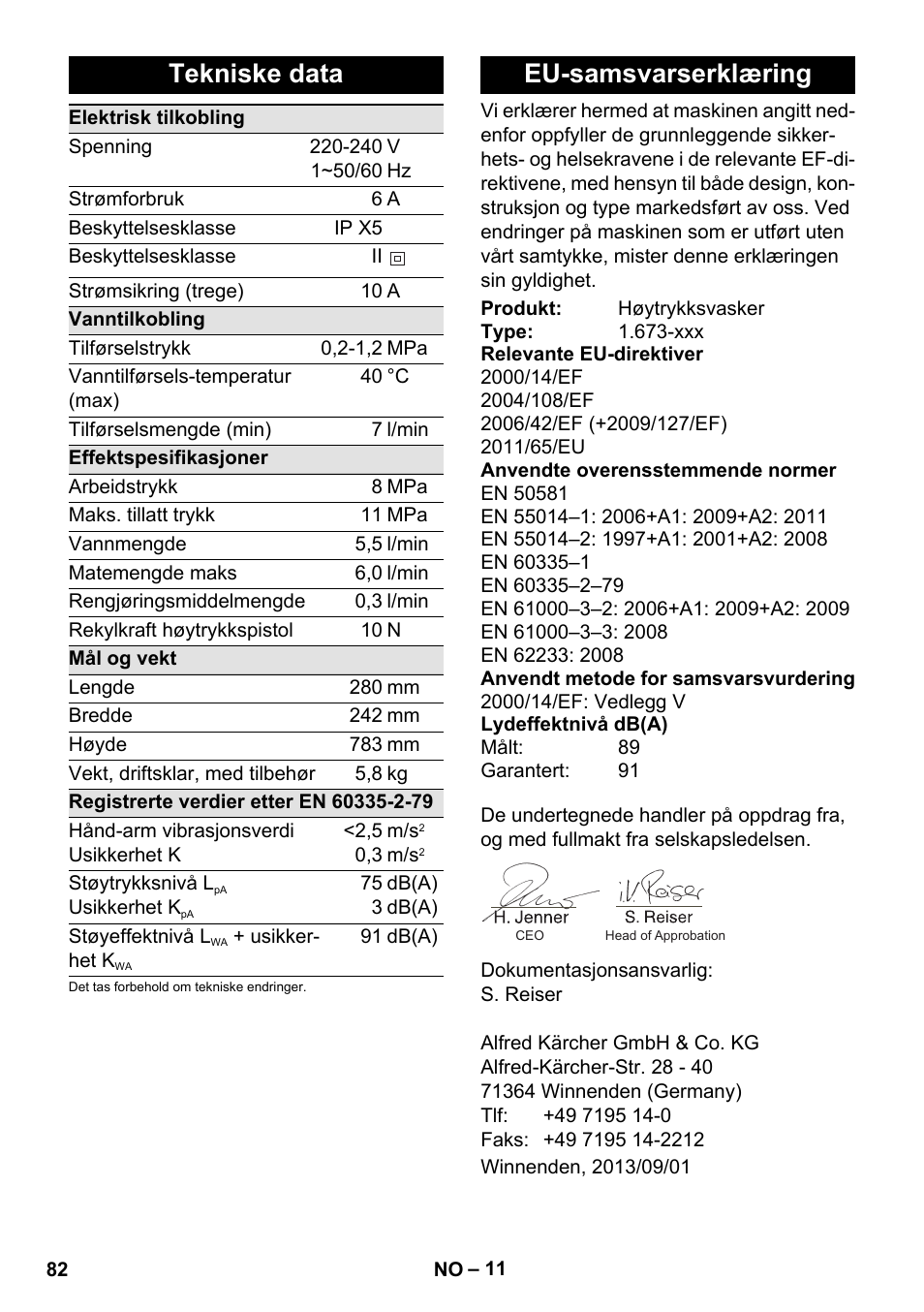 Tekniske data, Eu-samsvarserklæring | Karcher K 2 Premium User Manual | Page 82 / 248