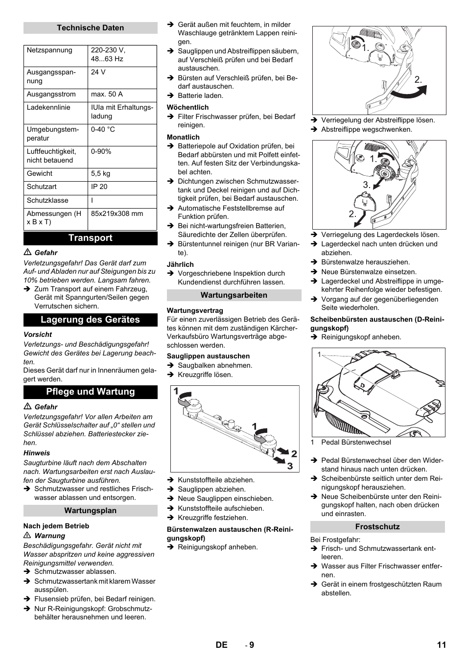 Transport lagerung des gerätes pflege und wartung | Karcher B 140 R Bp Pack 400 Ah роликовая-дисковая User Manual | Page 11 / 406