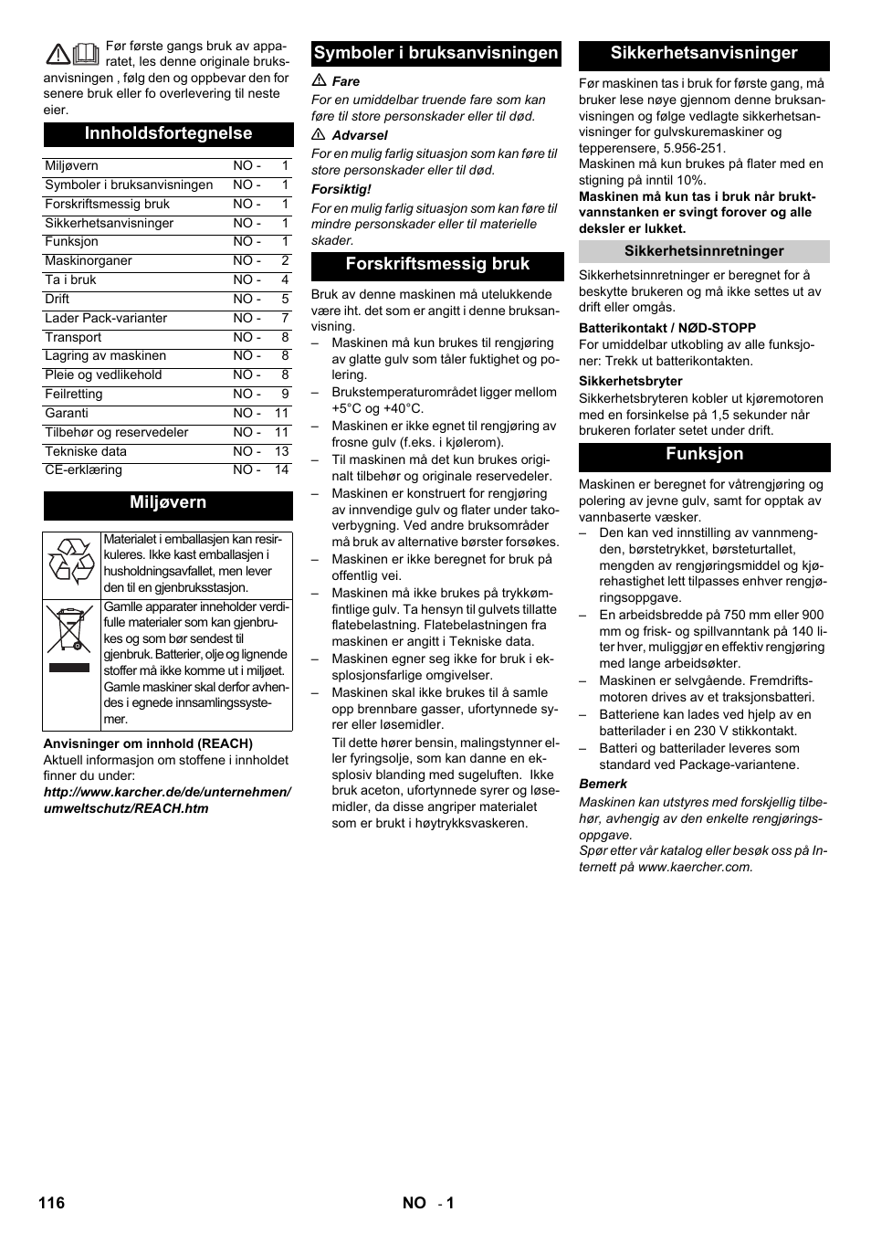 Norsk, Innholdsfortegnelse, Miljøvern | Funksjon | Karcher B 140 R Bp Pack 400 Ah роликовая-дисковая User Manual | Page 116 / 406