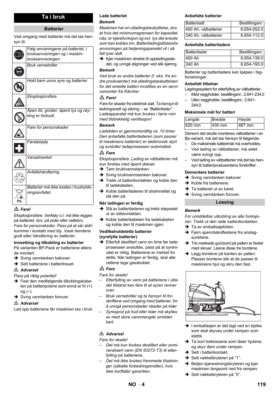 Ta i bruk | Karcher B 140 R Bp Pack 400 Ah роликовая-дисковая User Manual | Page 119 / 406