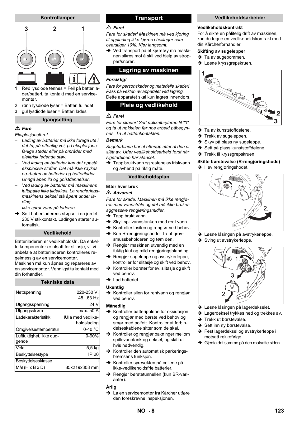 Transport lagring av maskinen pleie og vedlikehold | Karcher B 140 R Bp Pack 400 Ah роликовая-дисковая User Manual | Page 123 / 406