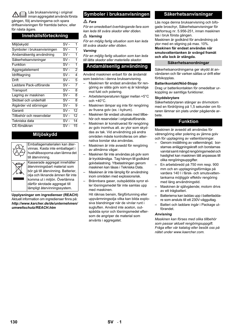 Svenska, Innehållsförteckning, Miljöskydd | Funktion | Karcher B 140 R Bp Pack 400 Ah роликовая-дисковая User Manual | Page 130 / 406