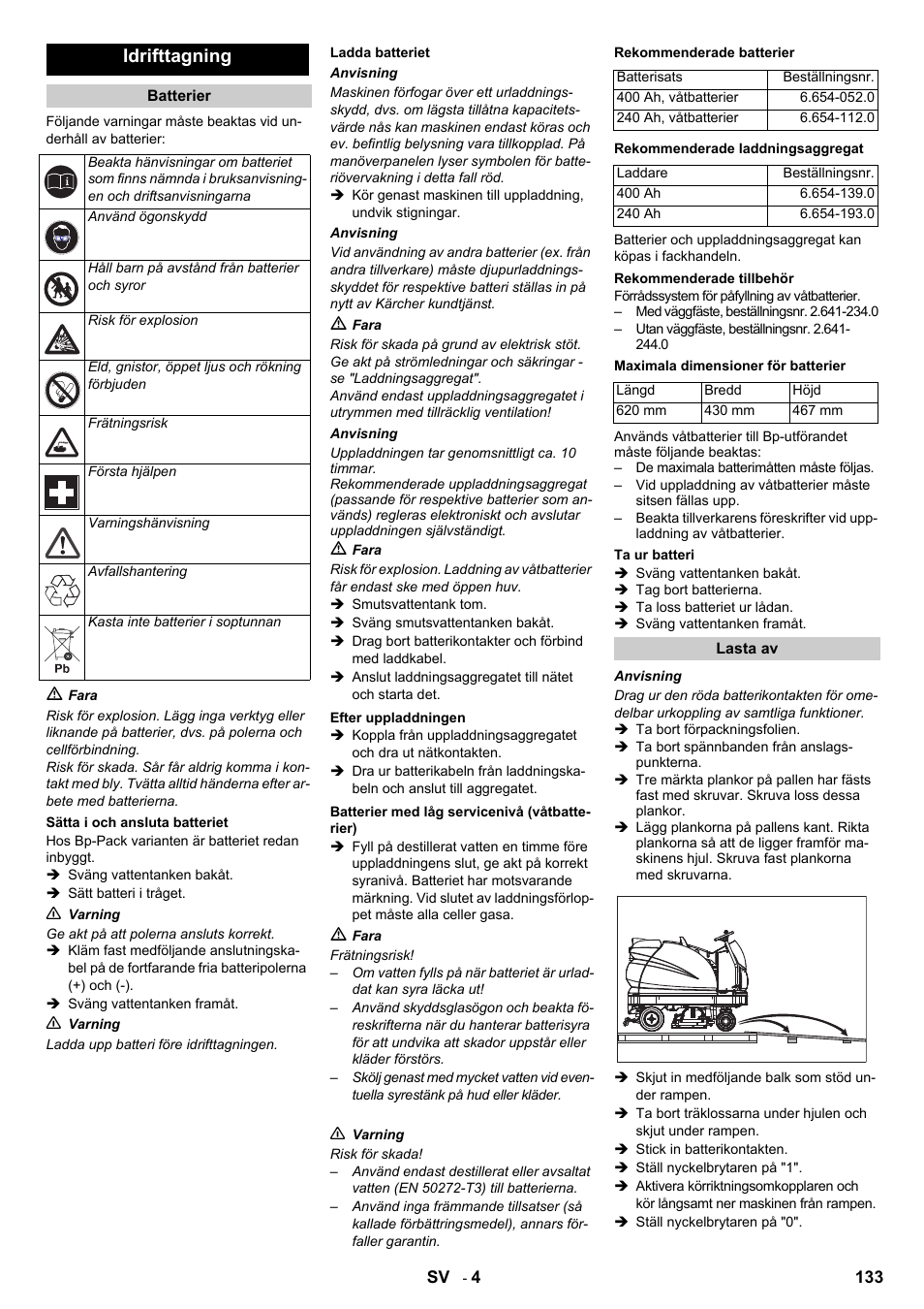 Idrifttagning | Karcher B 140 R Bp Pack 400 Ah роликовая-дисковая User Manual | Page 133 / 406