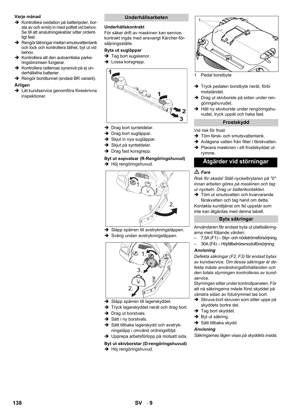 Åtgärder vid störningar | Karcher B 140 R Bp Pack 400 Ah роликовая-дисковая User Manual | Page 138 / 406