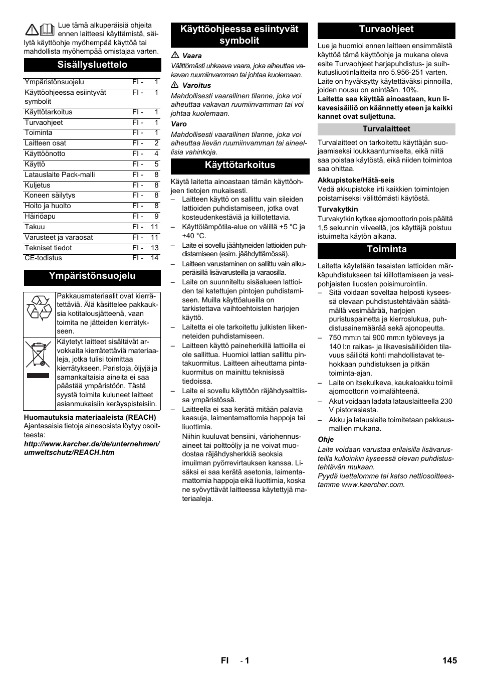 Suomi, Sisällysluettelo, Ympäristönsuojelu | Toiminta | Karcher B 140 R Bp Pack 400 Ah роликовая-дисковая User Manual | Page 145 / 406