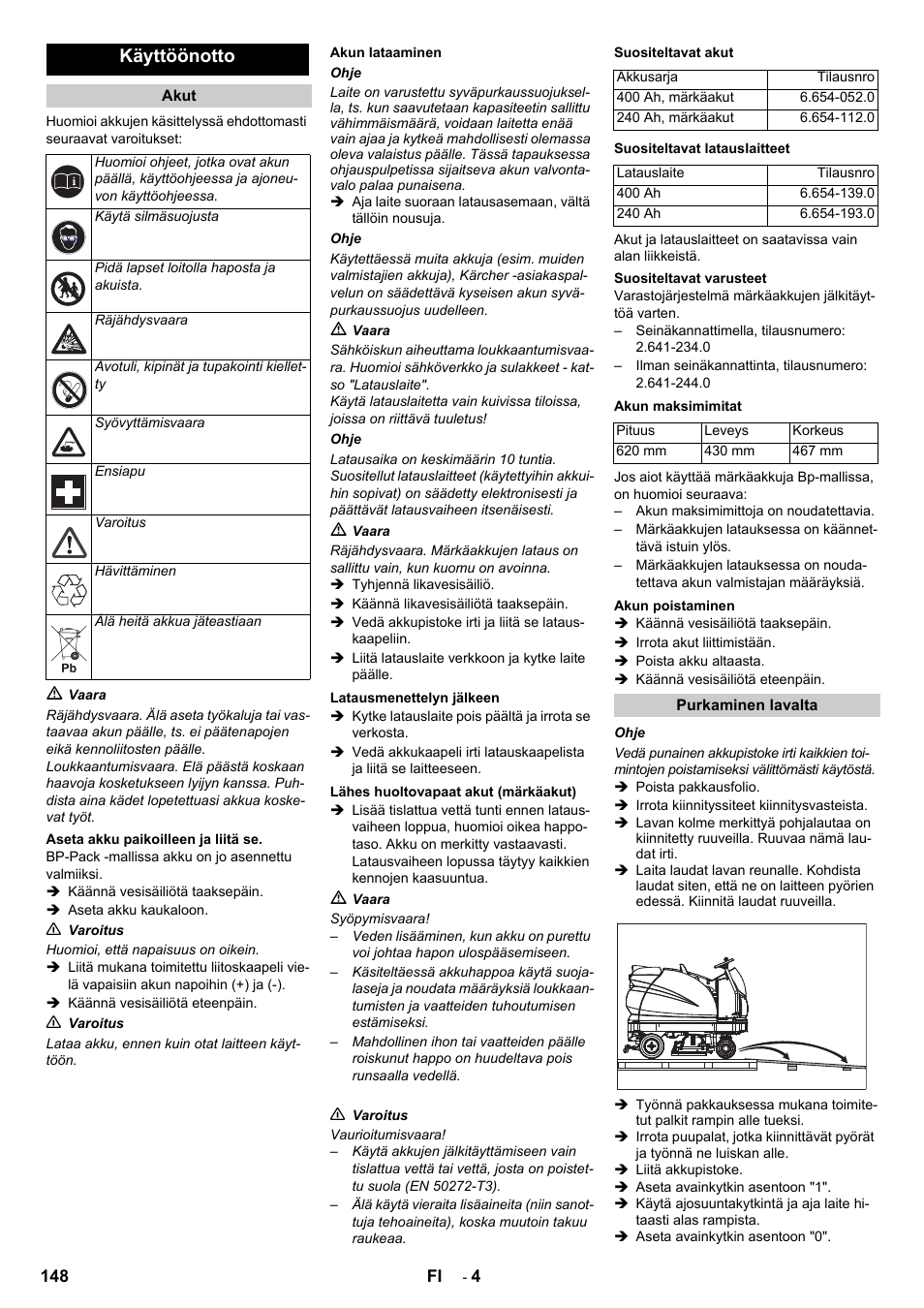 Käyttöönotto | Karcher B 140 R Bp Pack 400 Ah роликовая-дисковая User Manual | Page 148 / 406