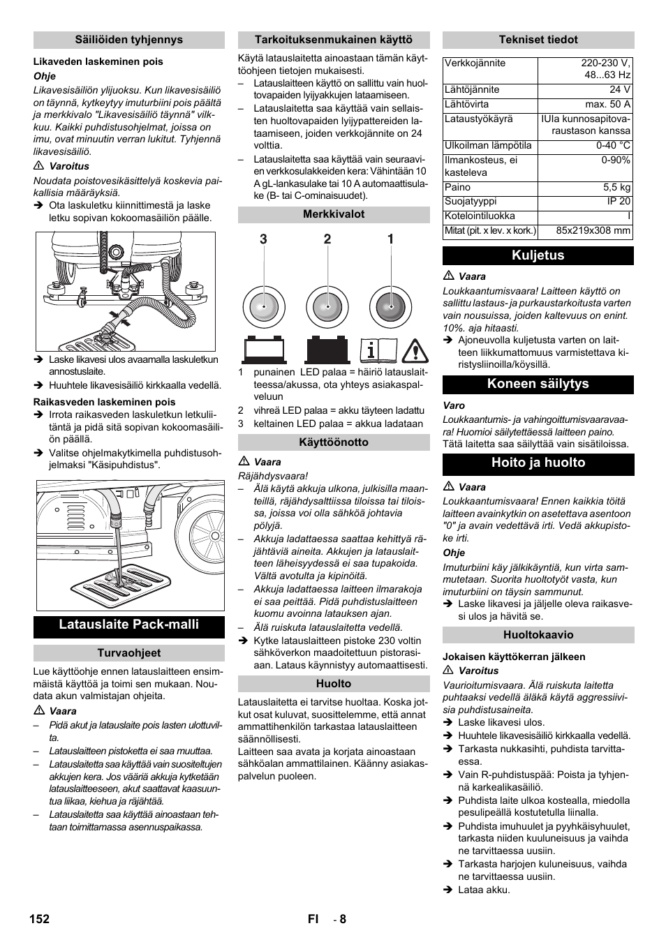 Latauslaite pack-malli, Kuljetus koneen säilytys hoito ja huolto | Karcher B 140 R Bp Pack 400 Ah роликовая-дисковая User Manual | Page 152 / 406