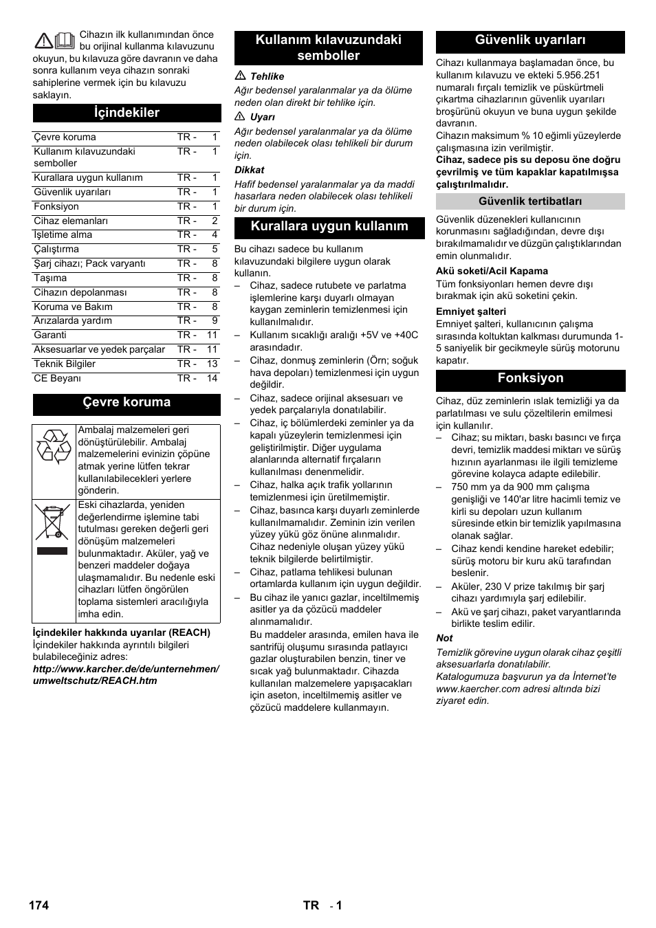 Türkçe, Içindekiler, Çevre koruma | Fonksiyon | Karcher B 140 R Bp Pack 400 Ah роликовая-дисковая User Manual | Page 174 / 406