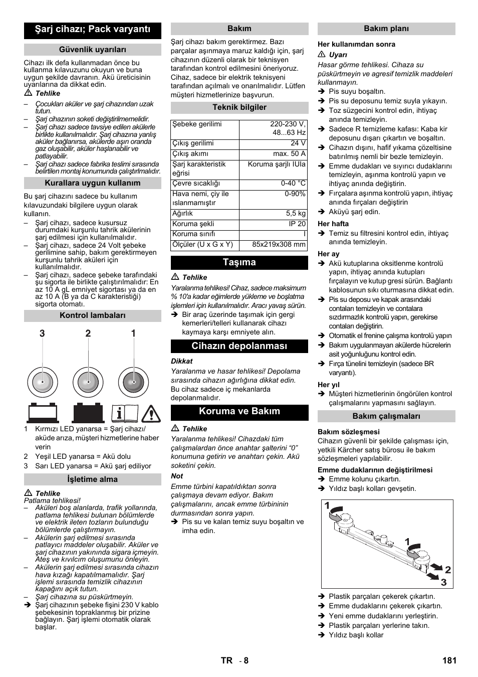 Şarj cihazı; pack varyantı, Taşıma cihazın depolanması koruma ve bakım | Karcher B 140 R Bp Pack 400 Ah роликовая-дисковая User Manual | Page 181 / 406