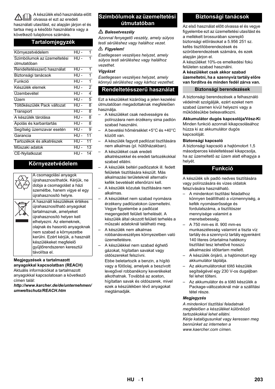 Magyar, Tartalomjegyzék, Környezetvédelem | Funkció | Karcher B 140 R Bp Pack 400 Ah роликовая-дисковая User Manual | Page 203 / 406