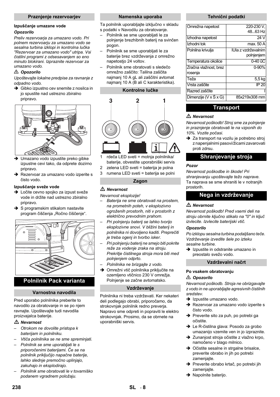 Polnilnik pack varianta, Transport shranjevanje stroja nega in vzdrževanje | Karcher B 140 R Bp Pack 400 Ah роликовая-дисковая User Manual | Page 238 / 406