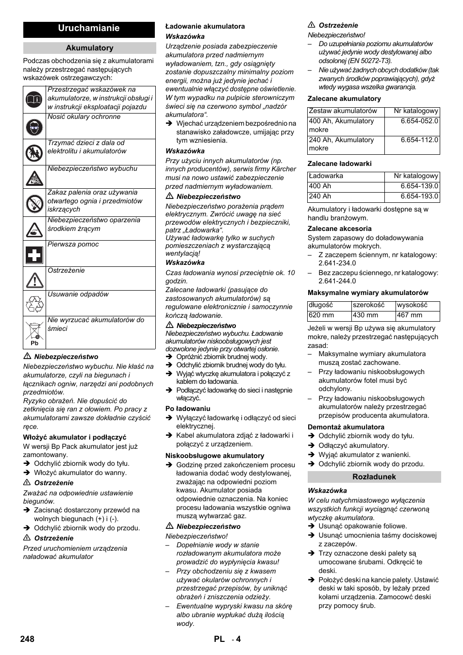 Uruchamianie | Karcher B 140 R Bp Pack 400 Ah роликовая-дисковая User Manual | Page 248 / 406