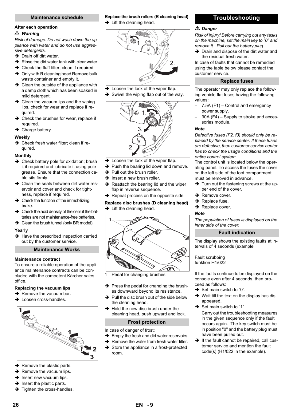 Troubleshooting | Karcher B 140 R Bp Pack 400 Ah роликовая-дисковая User Manual | Page 26 / 406