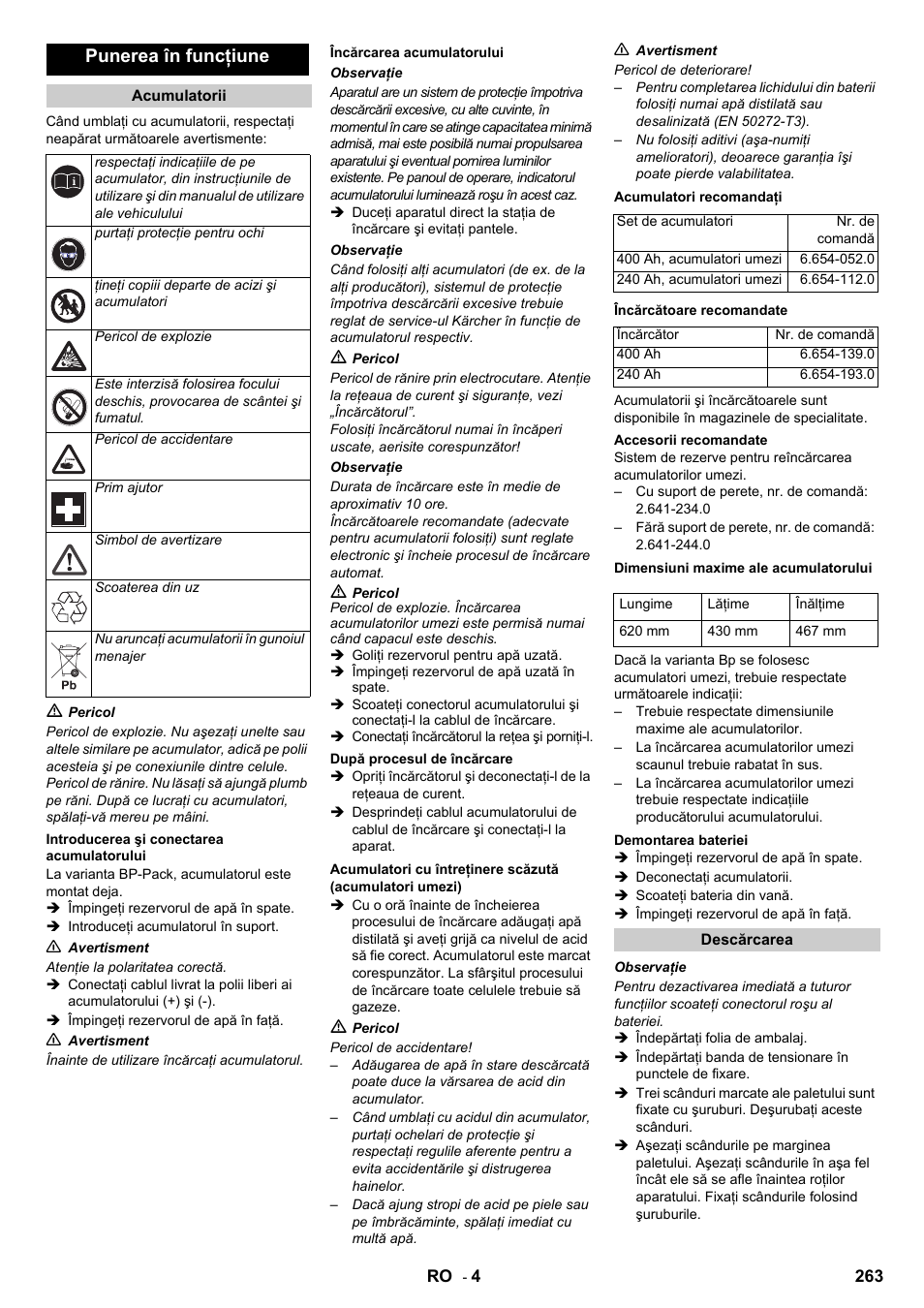 Punerea în funcţiune | Karcher B 140 R Bp Pack 400 Ah роликовая-дисковая User Manual | Page 263 / 406