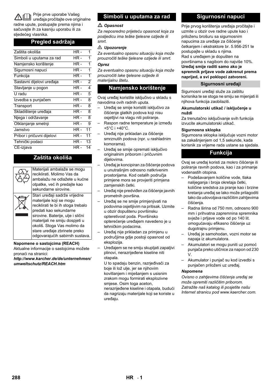 Hrvatski, Pregled sadržaja, Zaštita okoliša | Funkcija | Karcher B 140 R Bp Pack 400 Ah роликовая-дисковая User Manual | Page 288 / 406