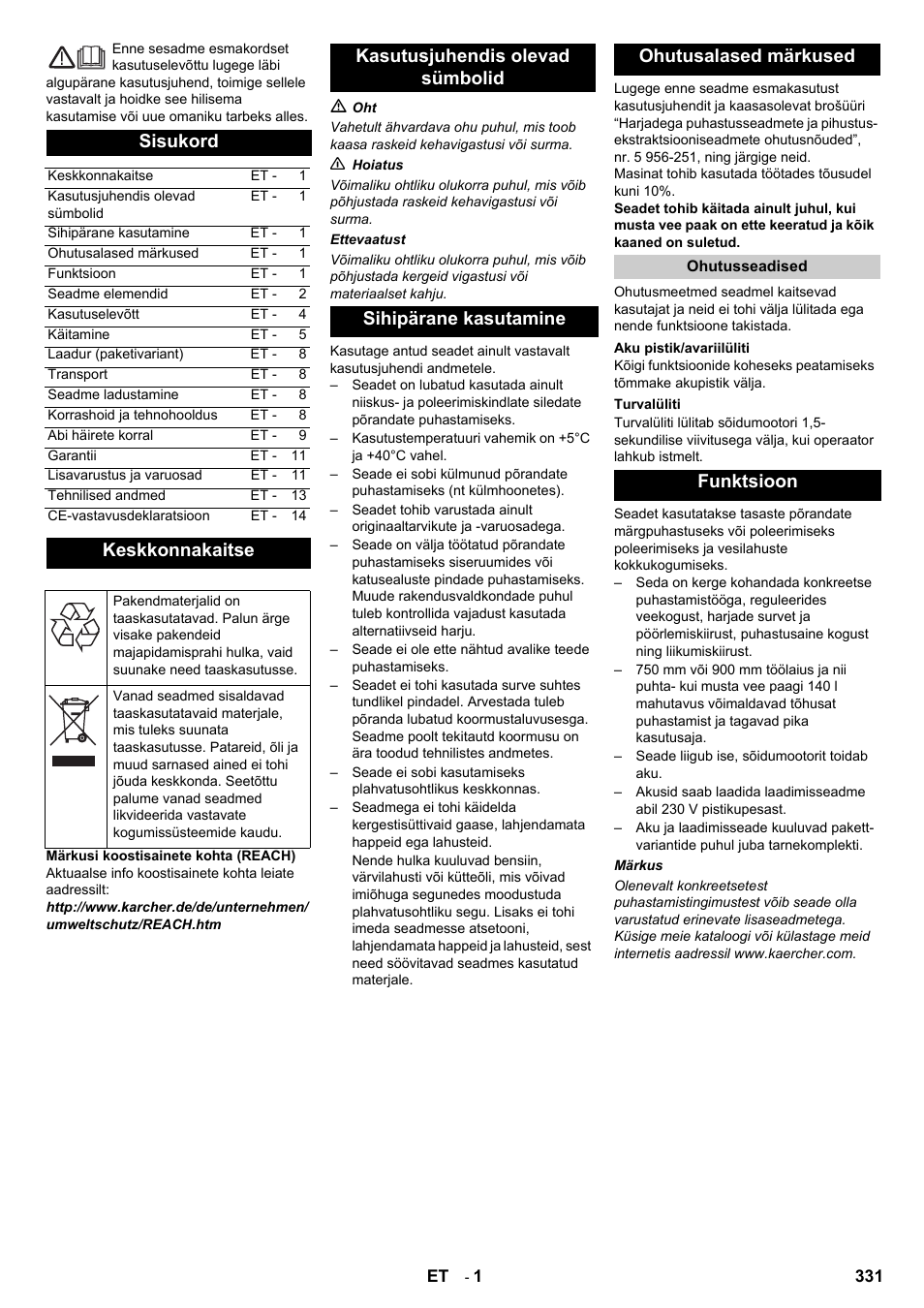 Eesti, Sisukord, Keskkonnakaitse | Funktsioon | Karcher B 140 R Bp Pack 400 Ah роликовая-дисковая User Manual | Page 331 / 406