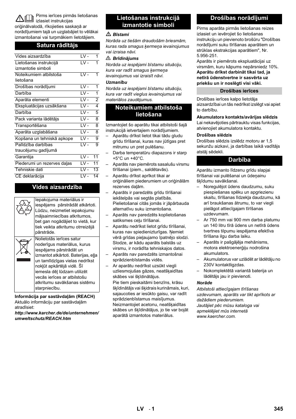 Latviešu, Satura rādītājs, Vides aizsardzība | Darbība | Karcher B 140 R Bp Pack 400 Ah роликовая-дисковая User Manual | Page 345 / 406