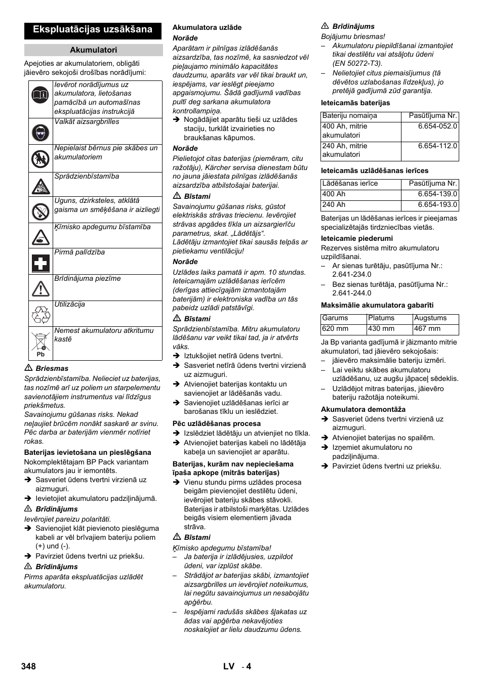 Ekspluatācijas uzsākšana | Karcher B 140 R Bp Pack 400 Ah роликовая-дисковая User Manual | Page 348 / 406